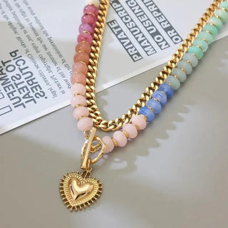 Serelune Jewelry B Layered Necklaces for Women, 14K Gold Plated Heart Pendant & Colorful Acrylic Beaded Choker, Cute Trendy Jewelry, Anti-Tangle Single Clasp Design, Summer Beach Boho Necklace for Women Chain around Neck