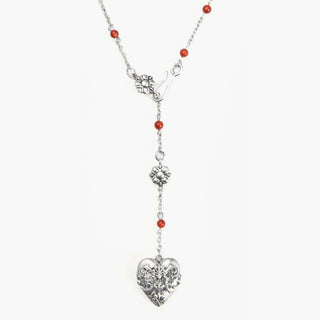 En Route 18K Gold Plated Carnelian Veil Lariat Necklace in Gold, Lariat Silhouette with Floral Engraved Heart, Versatile Multi-Wear Hook, Vintage Garden Core Style, Birthday Treat or Date Night Glow
