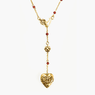 En Route 18K Gold Plated Carnelian Veil Lariat Necklace in Gold, Lariat Silhouette with Floral Engraved Heart, Versatile Multi-Wear Hook, Vintage Garden Core Style, Birthday Treat or Date Night Glow
