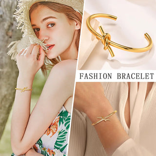 VNOX Niche Knot Open Hand Cuff Bracelet, Stainless Steel Jewelry Gold Plated Non Tarnish Hand Chain Fashion Accessory for Women