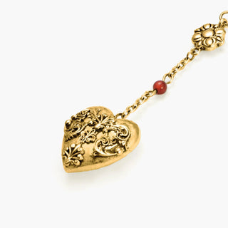 En Route 18K Gold Plated Carnelian Veil Lariat Necklace in Gold, Lariat Silhouette with Floral Engraved Heart, Versatile Multi-Wear Hook, Vintage Garden Core Style, Birthday Treat or Date Night Glow