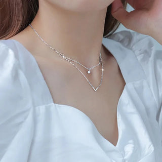 V Letter 5Mm Moissanite Pendant Double Layer Necklace for Women 925 Sterling Silver Chain Clavicle 2025 New Jewelry Gifts